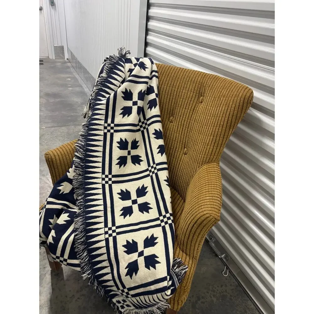 Woven Throw Blanket 72x50 Navy Cream Geometric Fringe Boho Farmhouse Decor